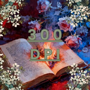 May include: An open book with burning pages, surrounded by floral elements and roses. The image has the text "300 DPI" in green. The color palette includes red, blue, and white.