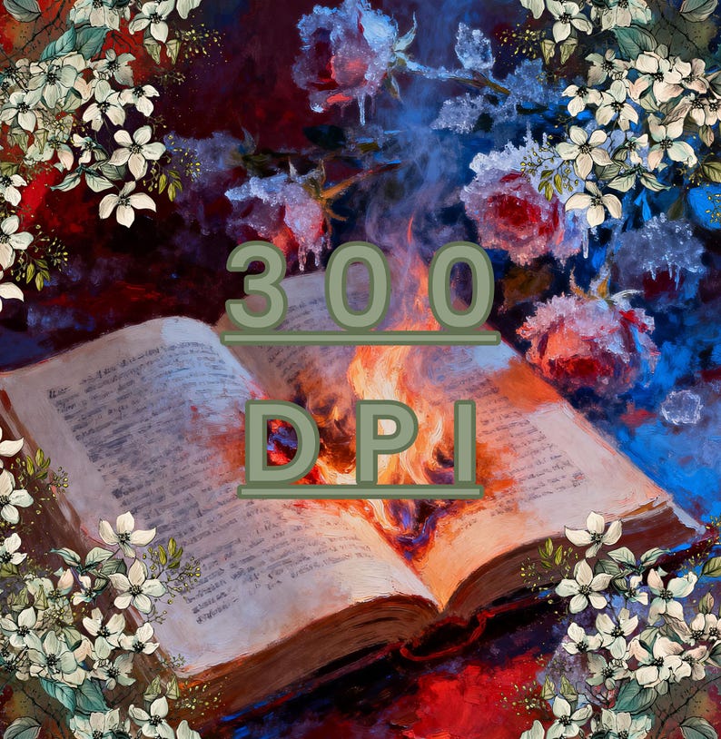 May include: An open book with burning pages, surrounded by floral elements and roses. The image has the text "300 DPI" in green. The color palette includes red, blue, and white.