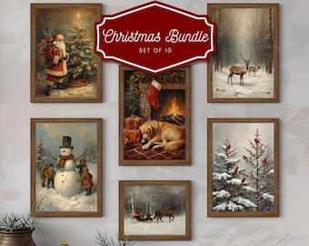 Conjunto de arte de parede natalina nostálgica vintage, pinturas a óleo antigas de Natal, decoração aconchegante de inverno para impressão, download digital
