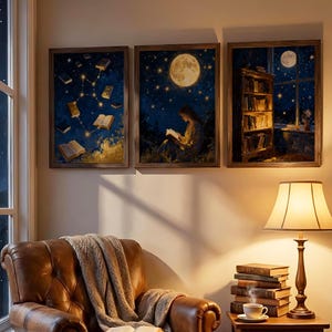 May include: Three framed art prints showing scenes of reading and the night sky. One depicts a constellation of books, another a person reading under a full moon, and the third a bookshelf with a moonlit window. A leather armchair and lamp are in the foreground.