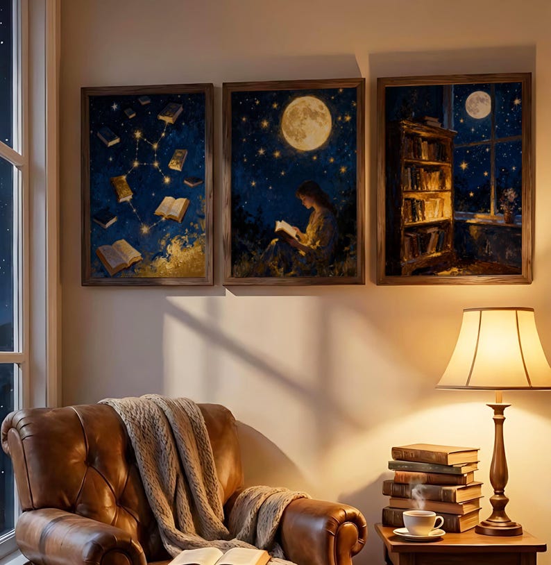 May include: Three framed art prints showing scenes of reading and the night sky. One depicts a constellation of books, another a person reading under a full moon, and the third a bookshelf with a moonlit window. A leather armchair and lamp are in the foreground.