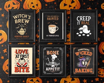 Halloween Kitchen Wall Art Bundle, Spooky Funny Signs, Bone Appétit, Witch’s Brew, Pumpkin Spice, Digital Download