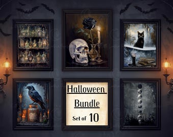 Dark Gothic Halloween Bathroom Prints - Spooky Gallery Wall Art Bundle (Digital Download)