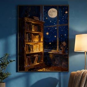 May include: An oil painting of a library at night. A wooden bookcase filled with books is illuminated by a warm light. The window shows a full moon and a starry night sky. A vase of flowers sits on the windowsill.