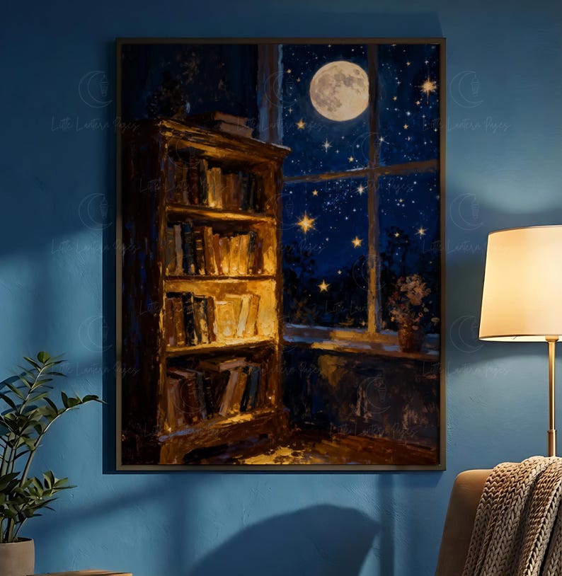May include: An oil painting of a library at night. A wooden bookcase filled with books is illuminated by a warm light. The window shows a full moon and a starry night sky. A vase of flowers sits on the windowsill.