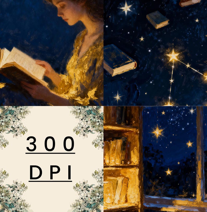 May include: Digital art print depicting a woman reading, a night sky with stars, and a bookshelf. The image includes the text "300 DPI" in a floral frame. The color scheme is primarily blues, golds, and browns, evoking a sense of warmth.