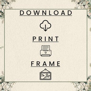 Pu&ograve; includere: Stampa artistica digitale con bordo floreale e le parole "DOWNLOAD, PRINT, FRAME" in nero. L'immagine include icone di una nuvola, una stampante e un'immagine incorniciata. Lo sfondo &egrave; beige strutturato.