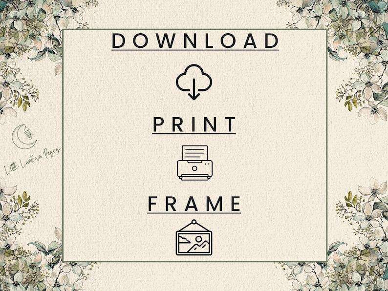 Pu&ograve; includere: Stampa artistica digitale con bordo floreale e le parole "DOWNLOAD, PRINT, FRAME" in nero. L'immagine include icone di una nuvola, una stampante e un'immagine incorniciata. Lo sfondo &egrave; beige strutturato.