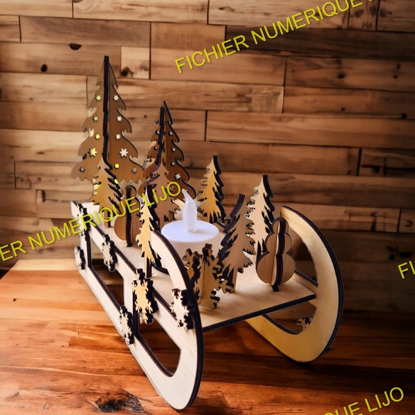 Fichier coupe laser luge décoration Noël, bougeoir, DXF Noel 3mm et 4mm