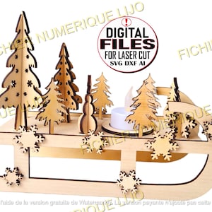 Fichier coupe laser luge décoration Noël, bougeoir, DXF Noel 3mm et 4mm