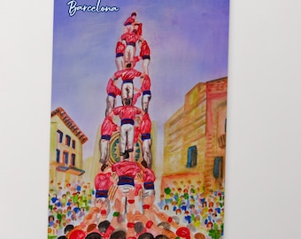 Castellers Barcelona, colección postales, viajes, efecto acuarela