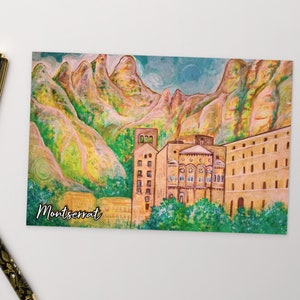 Cartão postal artístico, mosteiro de Montserrat, Catalunha, viagens