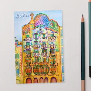 Cartão postal artístico, Casa Batlló, arte de Gaudi, viagens