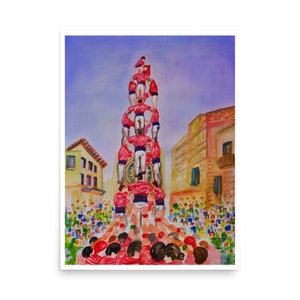Castellers de Barcelona, fine art print, watercolour effect,  travel print