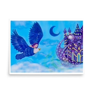 castillo y águila, ilustración infantil, impresión de bellas artes de fantasía,