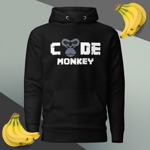 Techwear hoodie for software developers and engineers with a cool print "Code Monkey"