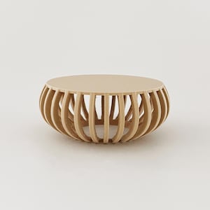 Miniature Round Coffee Table – 1:12 scale modern dollhouse coffee table with open-weave design in a warm natural finish