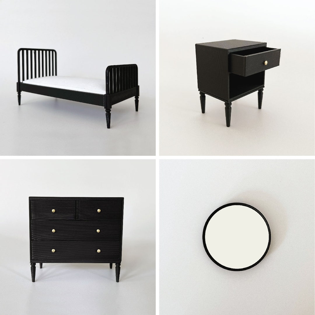 Wooden Dollhouse Furniture Set 1:12 Scale Dollhouse Furniture Set - 6 Piece  With Bed, Mirror \u0026 Tables Miniature Bedroom Set, image size:1080x1079