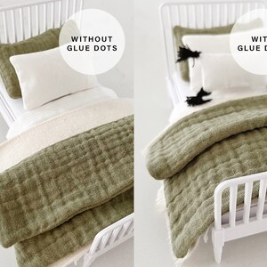 Image of two dollhouse beds. Image on left shows bedding without the use of glue dots to secure the doll bedding and image on the right shows bedding with use of glue dots.