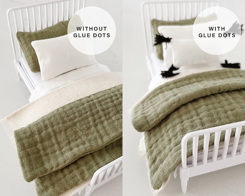 Image of two dollhouse beds. Image on left shows bedding without the use of glue dots to secure the doll bedding and image on the right shows bedding with use of glue dots.