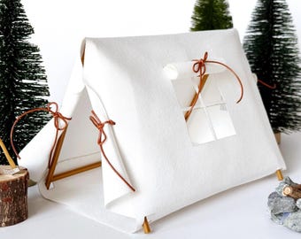 Miniatuurpoppenhuistent – canvas campingaccessoire met a-frame in wit of olijfgroen