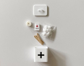 Mini First Aid Kit | Vintage style dollhouse medical box with mini Band-Aids, cotton balls, bandage tape & tongue depressors