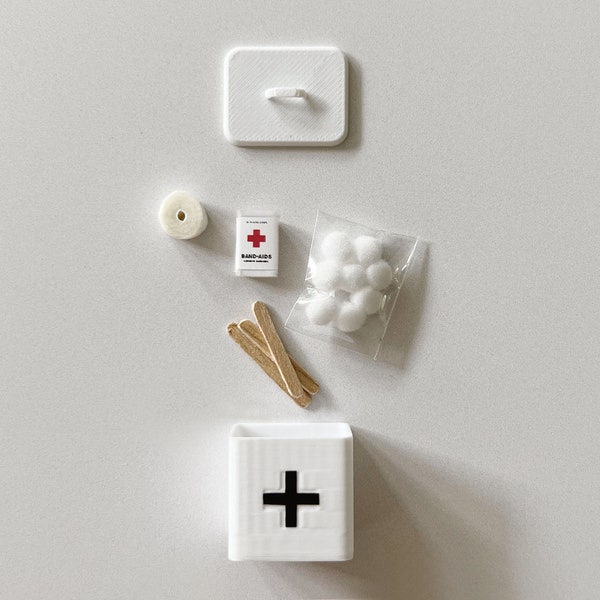 Mini First Aid Kit | Vintage style dollhouse medical box with mini Band-Aids, cotton balls, bandage tape & tongue depressors