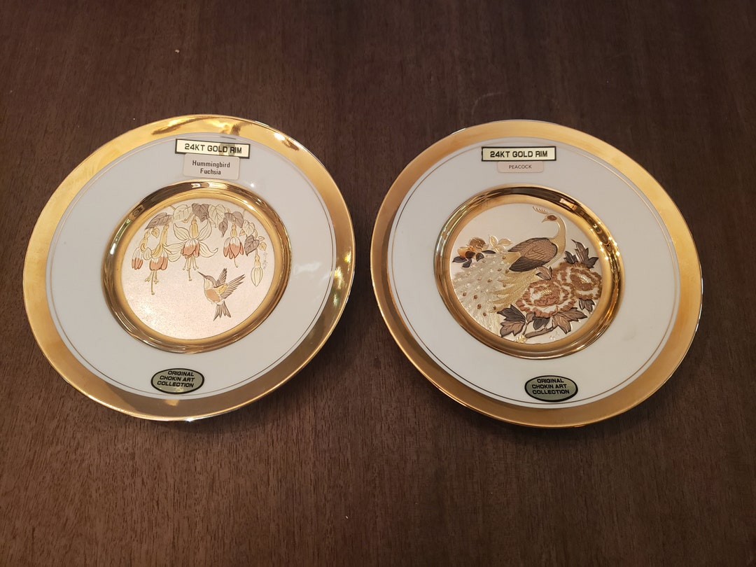 Chokin 24K Gold Edged Rim Round Plates, Japan Plate Collector, Set