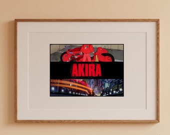 May include: A framed print of a red motorcycle with the word "AKIRA" in red letters on a black background. The motorcycle is in a futuristic city setting.