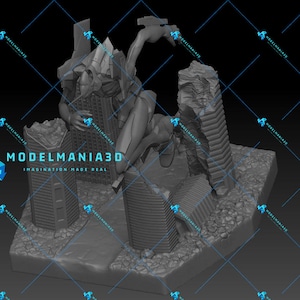 May include: A gray 3D printed model of a giant robot, or mecha, standing in a destroyed city. The robot is holding a building in its hand. The model is printed in a detailed style, with visible textures and details.