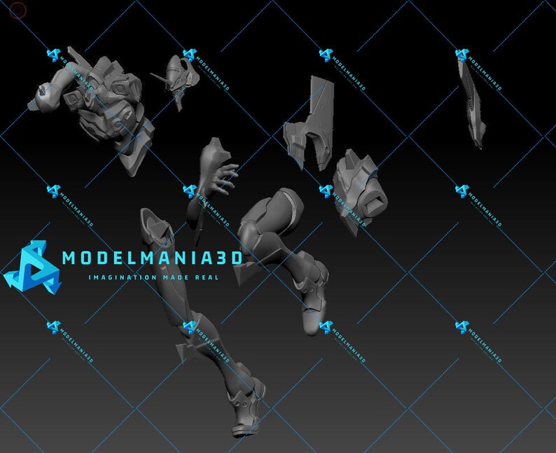 May include: A 3D printed model of a robot, broken down into multiple pieces. The model is gray and appears to be made of plastic. The pieces are arranged on a gray background.