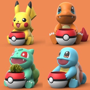 May include: Four Pokemon character planters with red and white Pokeball-shaped pots. The planters are made of plastic and feature Pikachu, Charmander, Bulbasaur, and Squirtle.