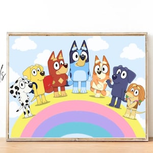 Bluey & Friends-print | Kinderkamer | Cadeau | Muurkunst | Uniek | Regenbooglucht | Digitale afdruk
