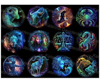 Clipart set of zodiac signs Astrological horoscope Black background. Aquarius, Aries, Cancer, Capricorn, Gemini, Leo, Libra, Pisces, Scorpio