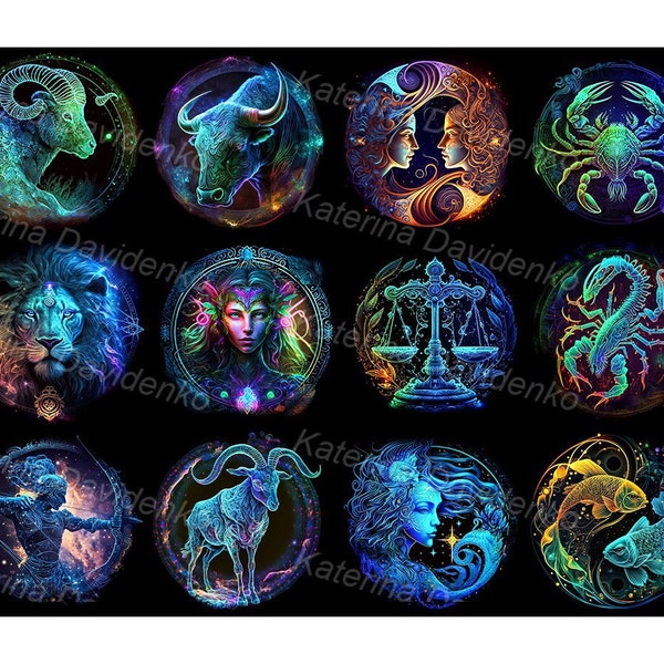Clipart set of zodiac signs Astrological horoscope Black background. Aquarius, Aries, Cancer, Capricorn, Gemini, Leo, Libra, Pisces, Scorpio