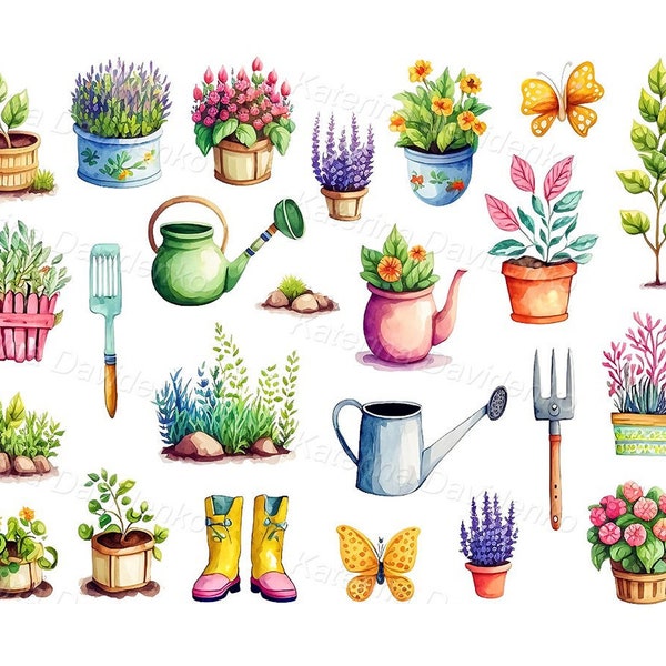 Watercolor clipart set of gardening tools, flowers, flowerpot and plants. Floral clipart, instant download