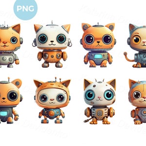 Set of cute cartoon robots with faces of cats, funny characters, alien PNG clipart, cartoon cyborg cat