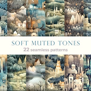 Collection of seamless patterns in soft neutral colors with houses and landscapes, great for fabric textile, gift wrap repetition background