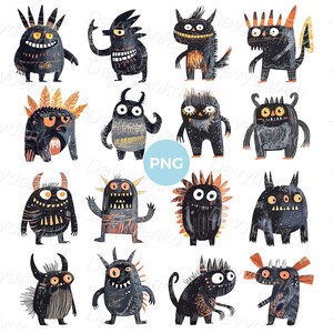 Set of cartoon monsters clipart, watercolor monsters PNG sticker set, digital download