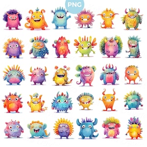 Collection of cute cartoon monsters stickers, watercolor funny monsters PNG clipart, digital download