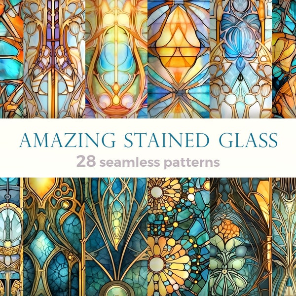 Collection of colorful seamless patterns with stained glass. Repetition backgrounds set of abstract mosaic