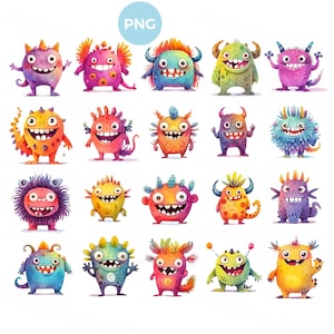 Funny cartoon monsters clipart set, watercolor cute monsters PNG clipart, digital download