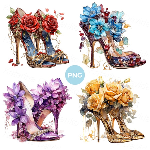 Set of high heel shoes with flowers. Watercolor women shoes PNG clipart wedding high-heeled shoes