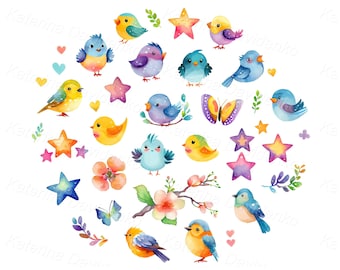 Watercolor PNG clipart. Collection of design elements with cute colorful birds, plants, flowers, stars and hearts, digital download