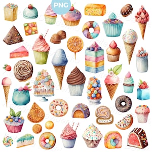 Cartoon watercolor illustration of sweets PNG clipart. Different sweet deserts, like ice cream, candy, cakes and cupcakes