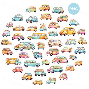 Fantazyjne fantazyjne samochody clipart, malarstwo akwarelowe, kolekcja kreskówkowych zabytkowych samochodów PNG, pojazdy retro