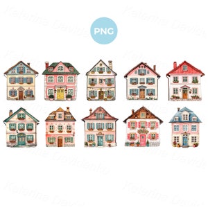 Cute cartoon houses PNG clipart, watercolor illustration set. City buildings facades, front view, cottage clipart, quirky houses pictures