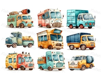 Set of cartoon vintage retro cars clipart, trucks, buses, trailers jpg pdf png images, digital download