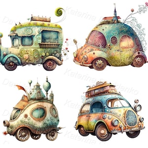 Conjunto de imágenes prediseñadas de coches retro de época adornados con dibujos animados extravagantes. Descarga digital, ilustración en acuarela.