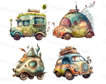 Set of whimsical cartoon ornate vintage retro cars clipart. Digital download, watercolor illustration.